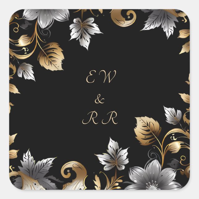 Elegant Black and Gold Floral Wedding  Square Sticker (Front)