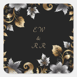Elegant Black and Gold Floral Wedding Square Sticker
