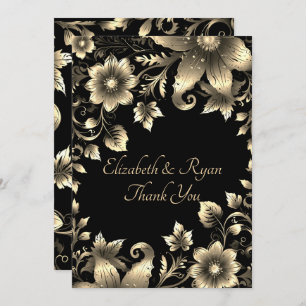 Elegant Black and Gold Floral Wedding  Thank You Card