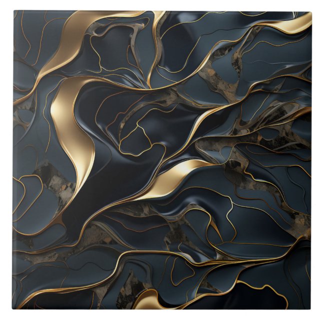 Elegant Black and Gold Fluid Abstract Tile (Front)