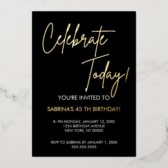  Elegant Black and Gold Foil Birthday Invitation (Front)