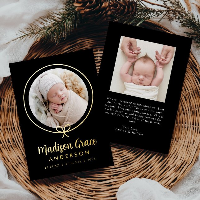 Elegant Black and Gold Foil Bow Birth Announcement (Creator Uploaded)