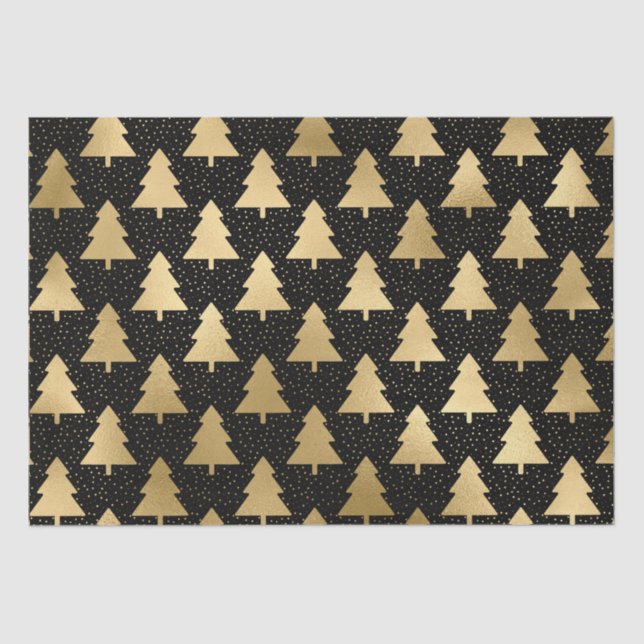 Elegant Black and Gold Foil Christmas Tree Pattern Tissue Paper (Front)