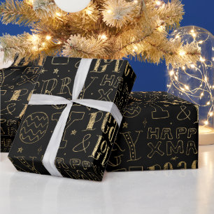 Elegant Black and Gold Foil Christmas Word Art Wrapping Paper