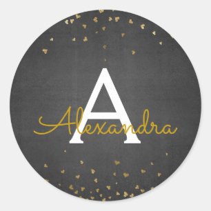 Elegant Black and Gold Foil Confetti Monogram Classic Round Sticker