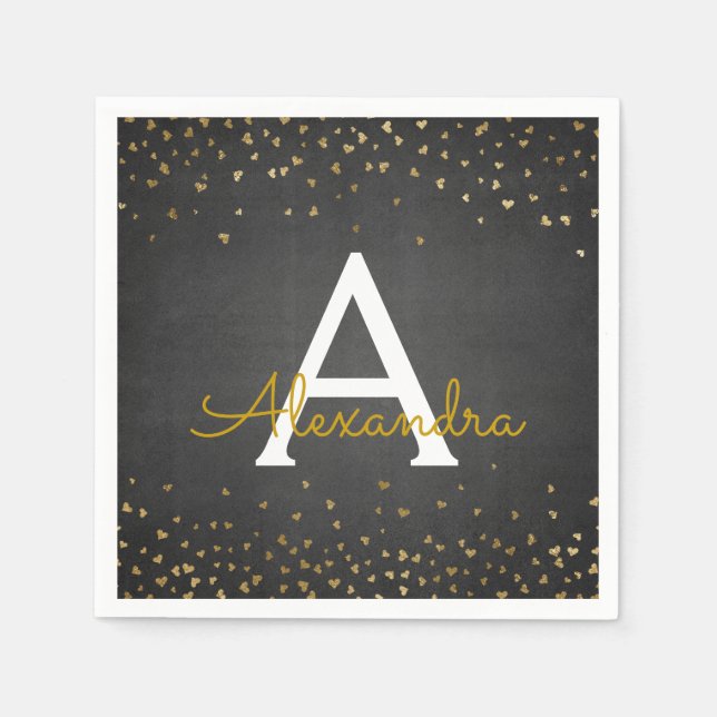 Elegant Black and Gold Foil Confetti Monogram Napkin (Front)