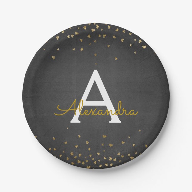 Elegant Black and Gold Foil Confetti Monogram Paper Plate (Front)