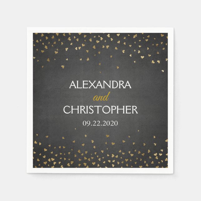 Elegant Black and Gold Foil Confetti Wedding Napkin (Front)