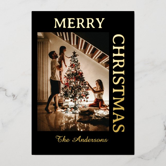  Elegant Black and Gold Foil Holiday Photo Card (Front)