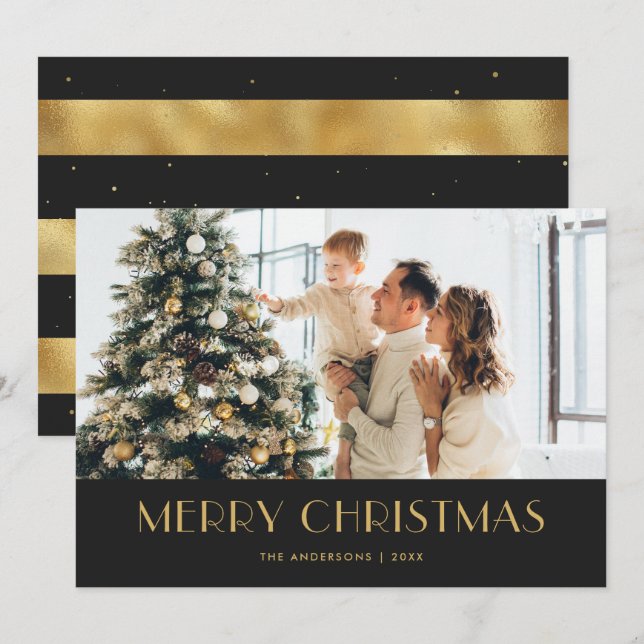 Elegant Black and Gold Foil Photo Christmas Cards (Front/Back)