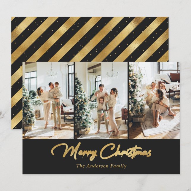 Elegant Black and Gold Foil Photo Merry Christmas Holiday Card (Front/Back)