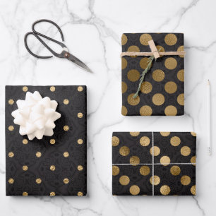 Elegant Black and Gold Foil Polka Dots Patterns Wrapping Paper Sheet