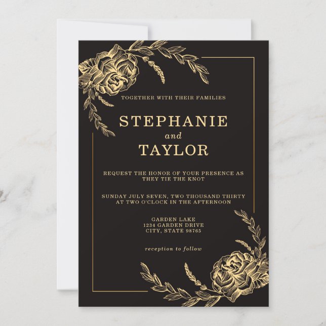 Elegant Black and Gold Foil Roses Wedding Invitation (Front)