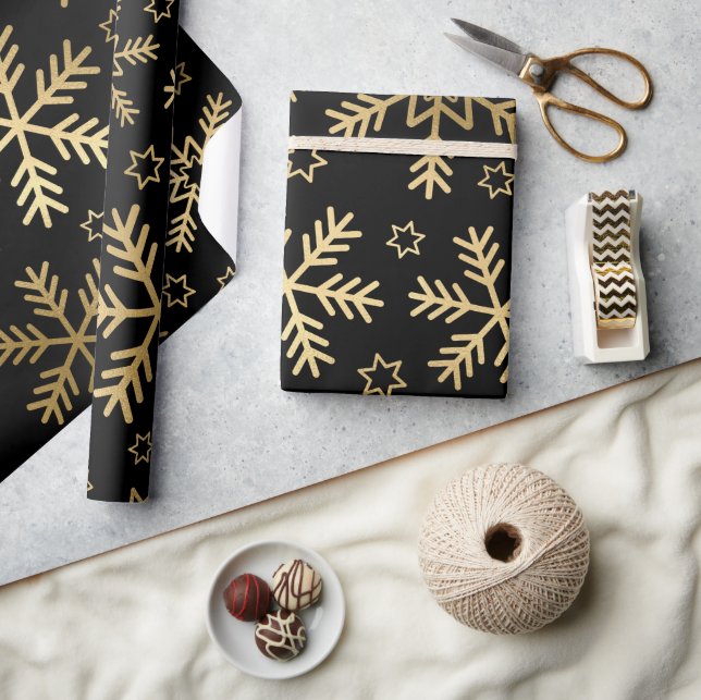 Elegant Black and Gold Foil Snowflakes Christmas Wrapping Paper (Crafts)