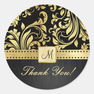 Elegant Black and Gold Foloral Damask Thank You! Classic Round Sticker