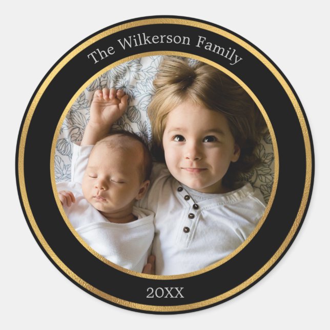 Elegant Black and Gold Frame Custom Photo Classic Round Sticker (Front)