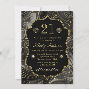 Elegant Black and Gold Geode Strata Birthday Invitation