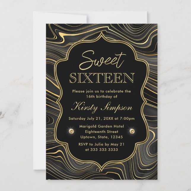 Elegant Black and Gold Geode Strata Sweet 16 Invitation (Front)