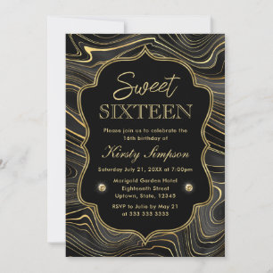 Elegant Black and Gold Geode Strata Sweet 16 Invitation