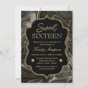 Elegant Black and Gold Geode Strata Sweet 16 Invitation