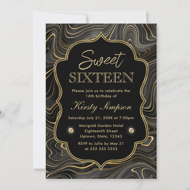 Elegant Black and Gold Geode Strata Sweet 16 Invitation (Front)