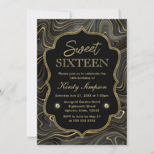 Elegant Black and Gold Geode Strata Sweet 16 Invitation