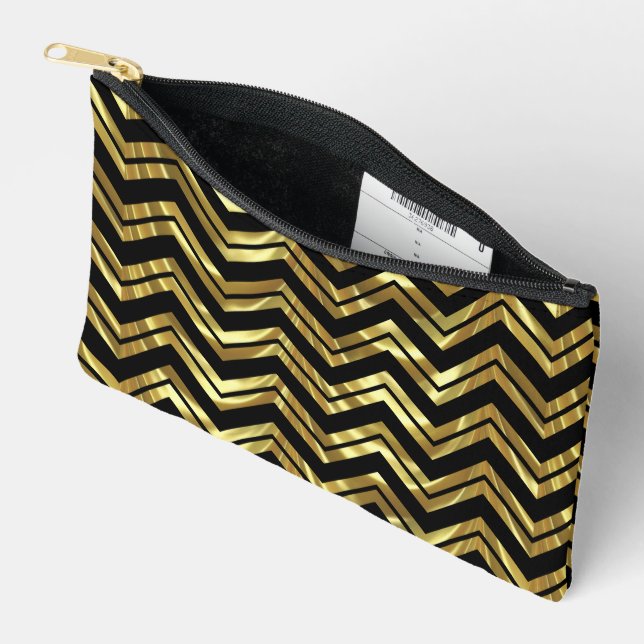 Elegant Black And Gold Geometric Chevron Pattern Accessory Pouch (Open)