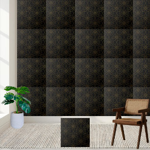 Elegant Black and Gold Geometric Floral Tile