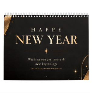 Elegant Black and Gold Geometric Happy New Year Calendar