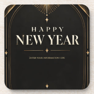Elegant Black and Gold Geometric Happy New Year Coaster
