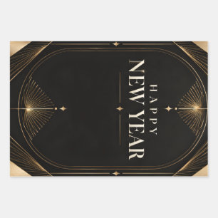 Elegant Black and Gold Geometric Happy New Year Wrapping Paper Sheet