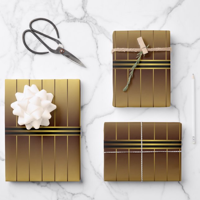 Elegant Black And Gold Geometric Stripes Gold Wrapping Paper Sheet (Front)