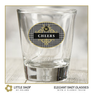 Elegant Black and Gold Glen Plaid Personalised Shot Glass