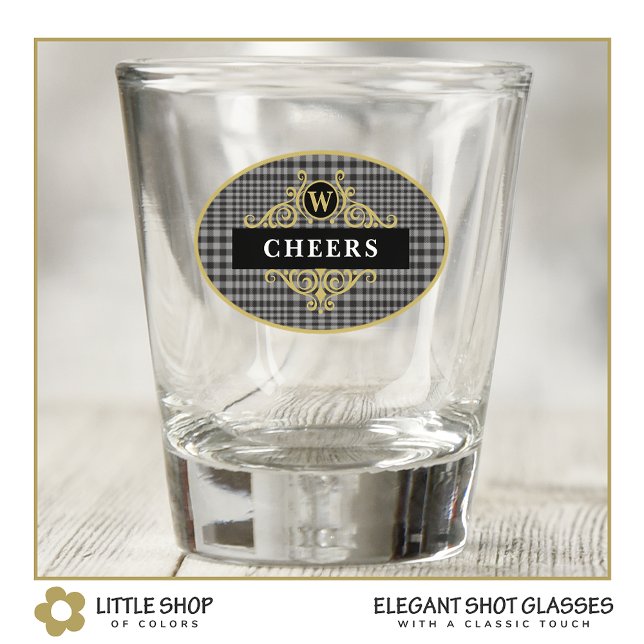 Elegant Black and Gold Glen Plaid Personalised Shot Glass (Creator Uploaded)