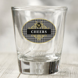 Elegant Black and Gold Glen Plaid Personalised Shot Glass