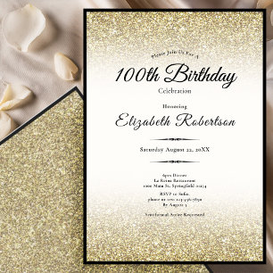Elegant Black and Gold Glitter 100th Birthday  Invitation
