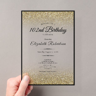 Elegant Black and Gold Glitter 102nd Birthday  Acrylic Invitations