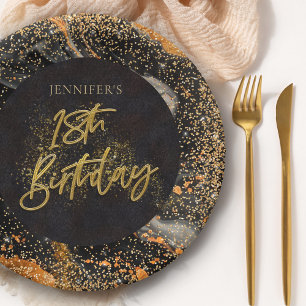 Elegant Black and Gold Glitter 18th Birthday Party Paper Plate