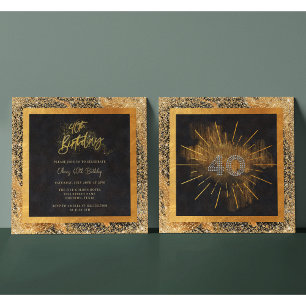 Elegant Black and Gold Glitter 40th Birthday Party Invitation