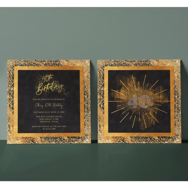 Elegant Black and Gold Glitter 40th Birthday Party Invitation (Creator Uploaded)