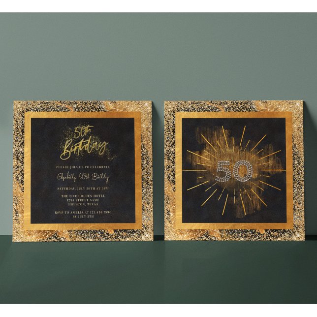 Elegant Black and Gold Glitter 50th Birthday Party Invitation (Creator Uploaded)
