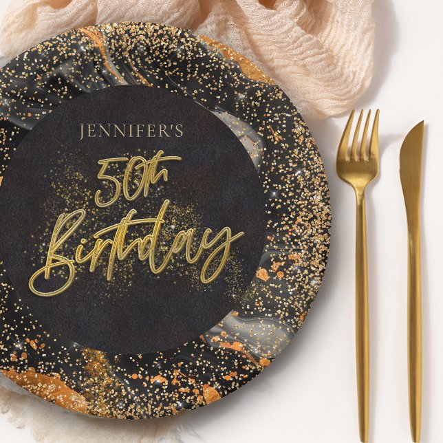 Elegant Black and Gold Glitter 50th Birthday Party Paper Plate (Creator Uploaded)