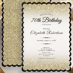 Elegant Black and Gold Glitter 70th Birthday Invitation