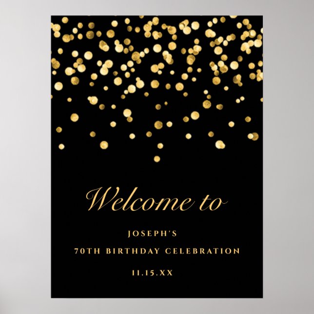 Elegant Black And Gold Glitter 70th Birthday Party Poster (Front)