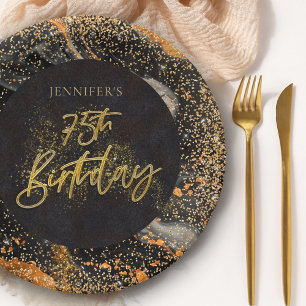 Elegant Black and Gold Glitter 75th Birthday Party Paper Plate