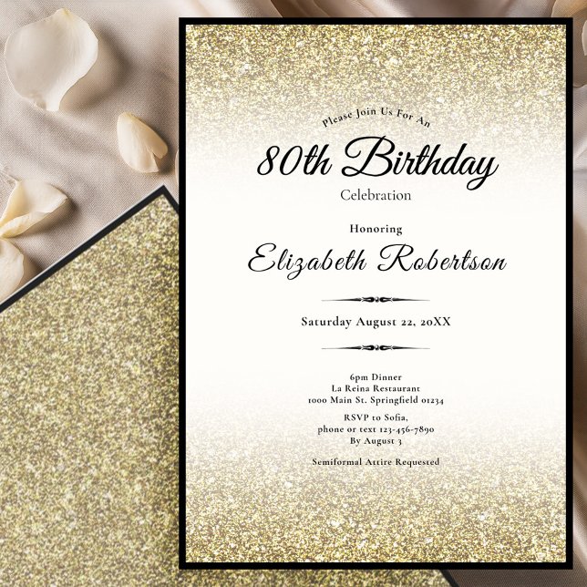 Elegant Black and Gold Glitter 80th Birthday  Invitation (Creator Uploaded)
