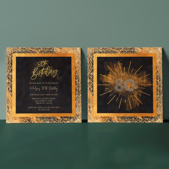 Elegant Black and Gold Glitter 80th Birthday Party Invitation (Front / Back)