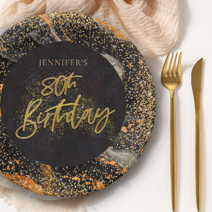 Elegant Black and Gold Glitter 80th Birthday Party Paper Plate