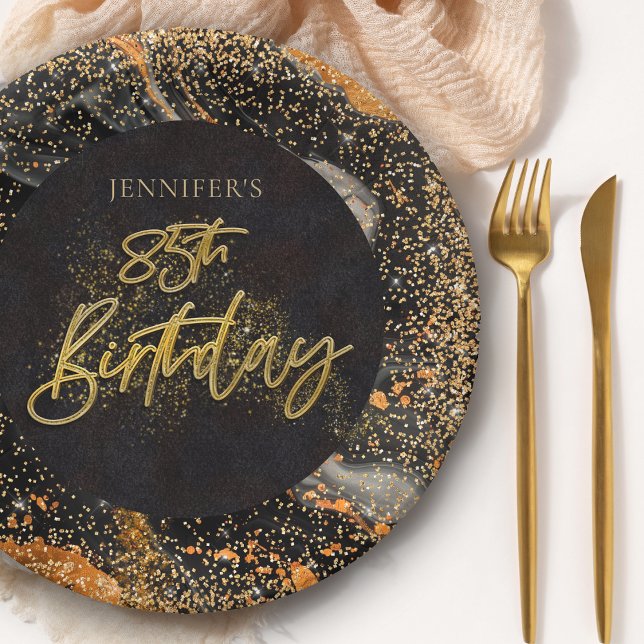 Elegant Black and Gold Glitter 85th Birthday Party Paper Plate (Creator Uploaded)