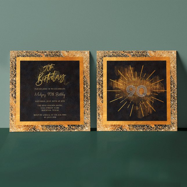 Elegant Black and Gold Glitter 90th Birthday Party Invitation (Front / Back)